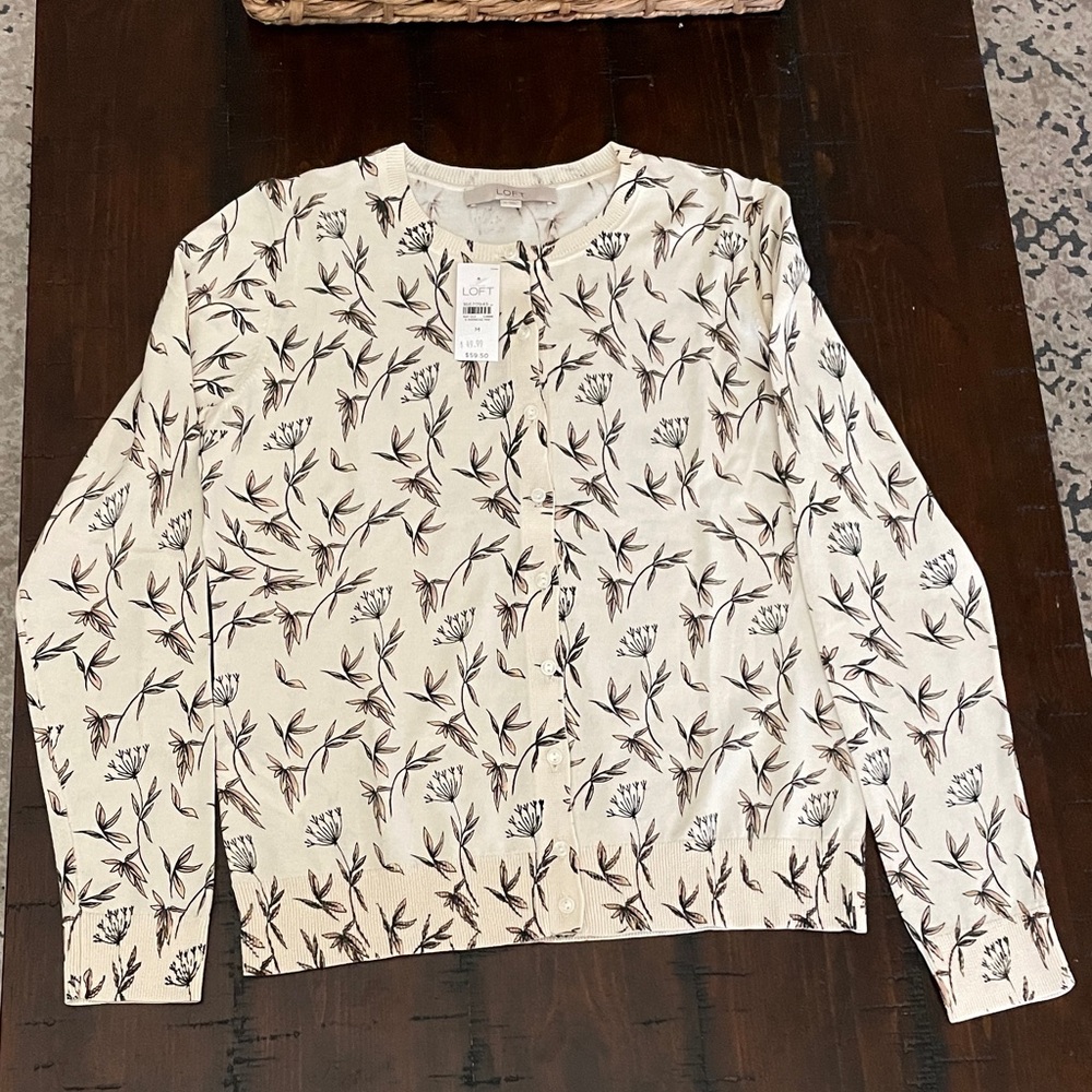 LOFT Cream and Black Botanical Cardigan